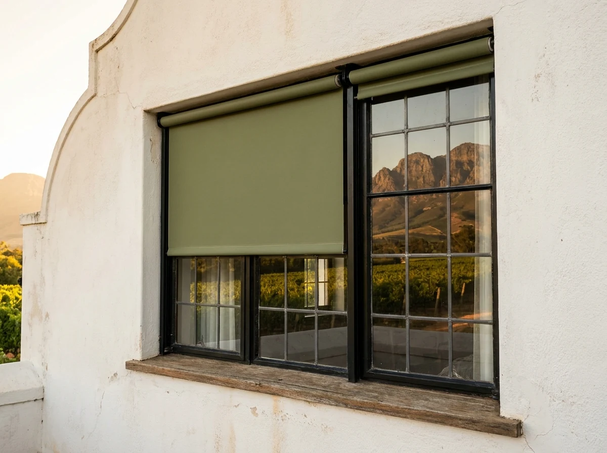 Close-up of a whitewashed Cape Dutch gable window in Stellenbosch with an olive roller blind half-lowered