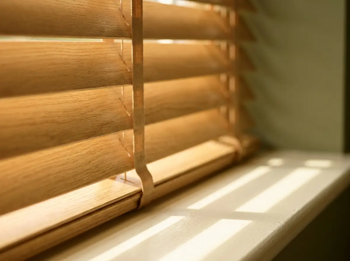 Close-up detail of blind fabric texture and hardware in an olive and ivory palette