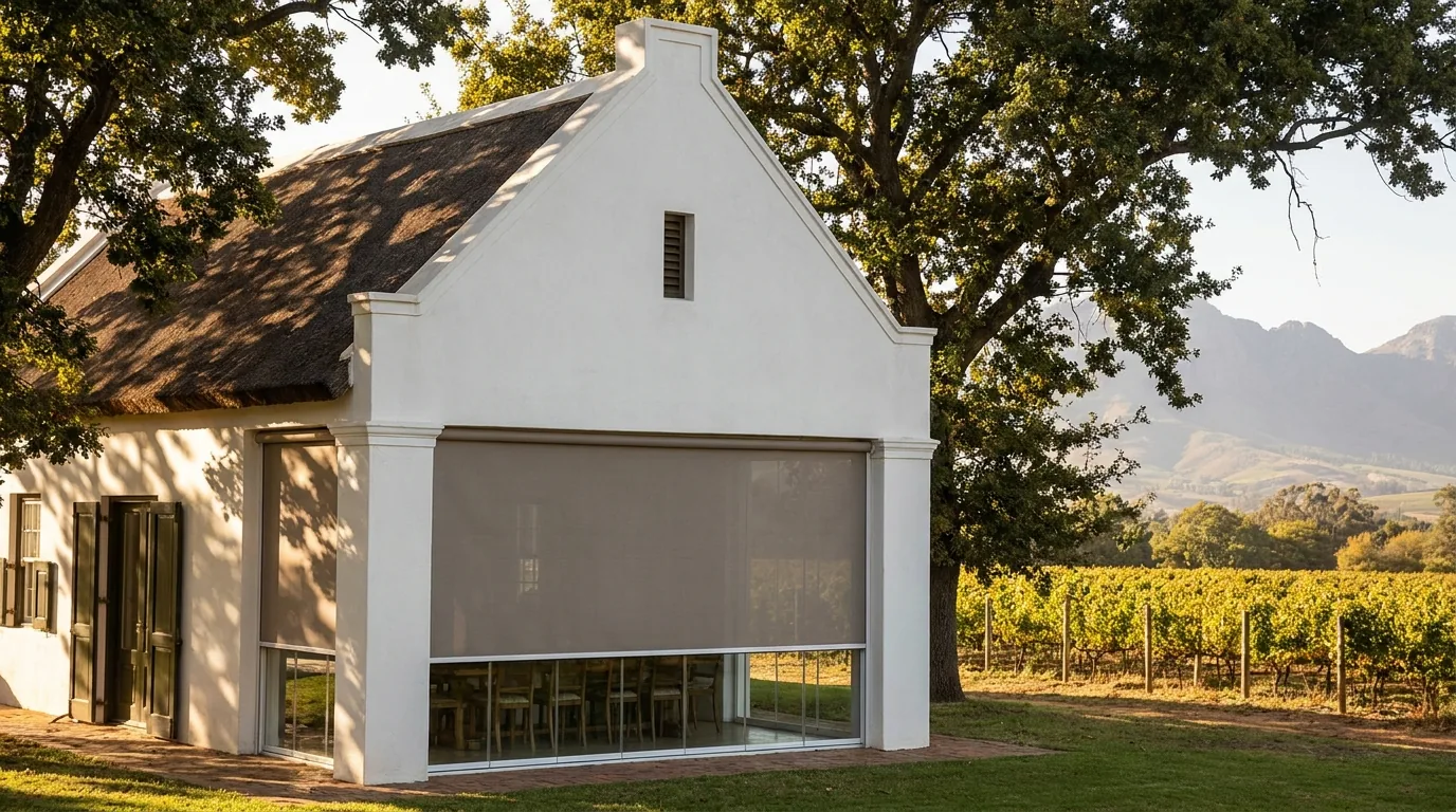 A whitewashed Cape Dutch gabled home near Stellenbosch with an external sunscreen roller blind fully lowered over a wide glass opening, oak tree and vineyard beyond