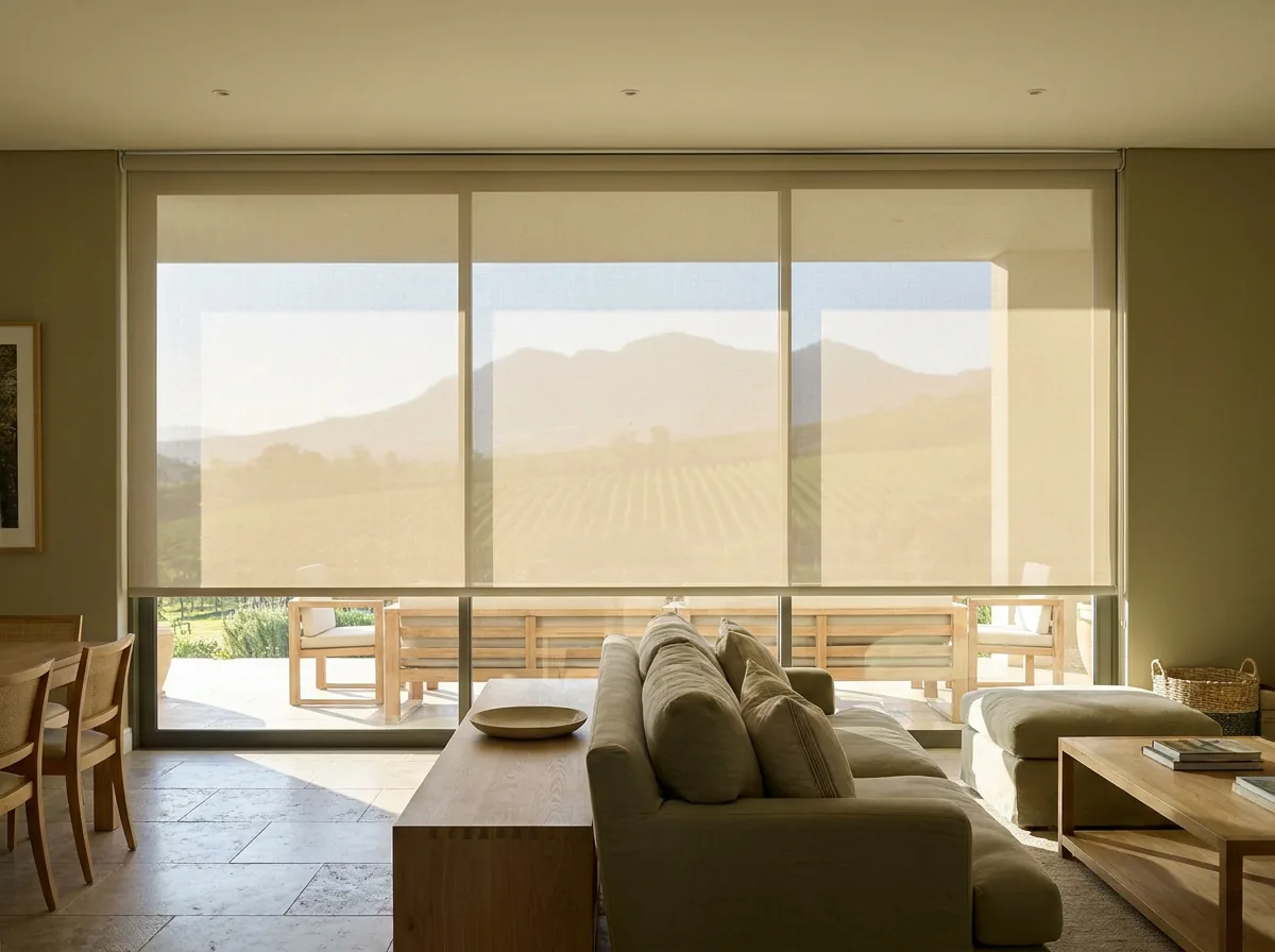Interior of a Stellenbosch living room with three flat sunscreen roller blinds lowered over a floor-to-ceiling glass wall, the vineyard and mountains softened but still visible through the mesh