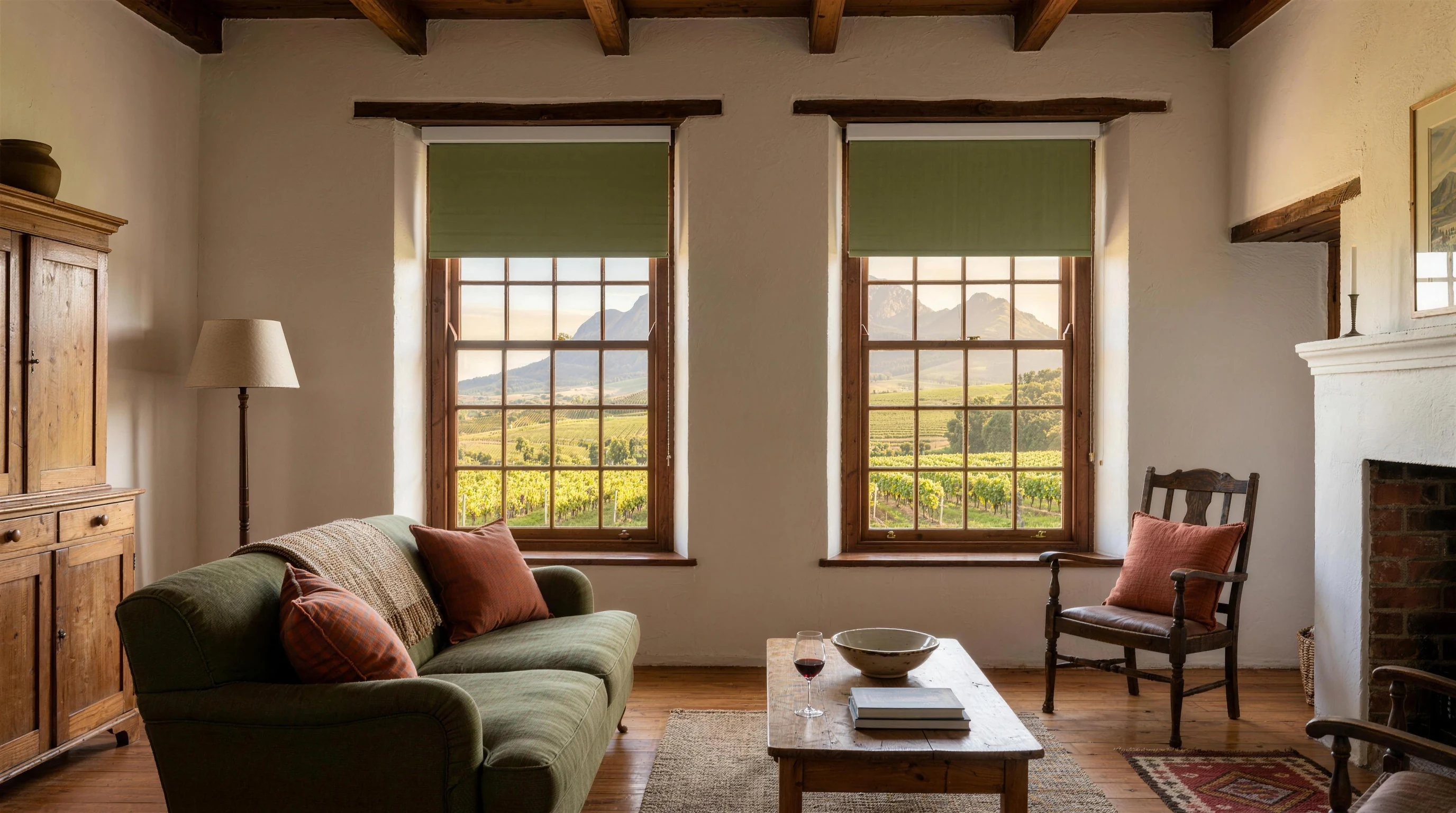 Winelands-style home in Stellenbosch with olive and ivory tones, flat olive roller blinds over sash windows in a light-filled living space