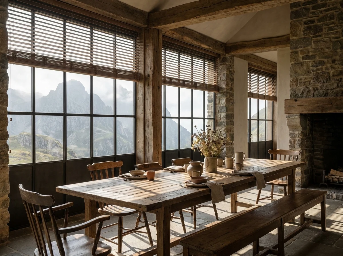 Farmhouse dining area in Jonkershoek Valley with dramatic mountain peaks visible through windows fitted with external venetian blinds
