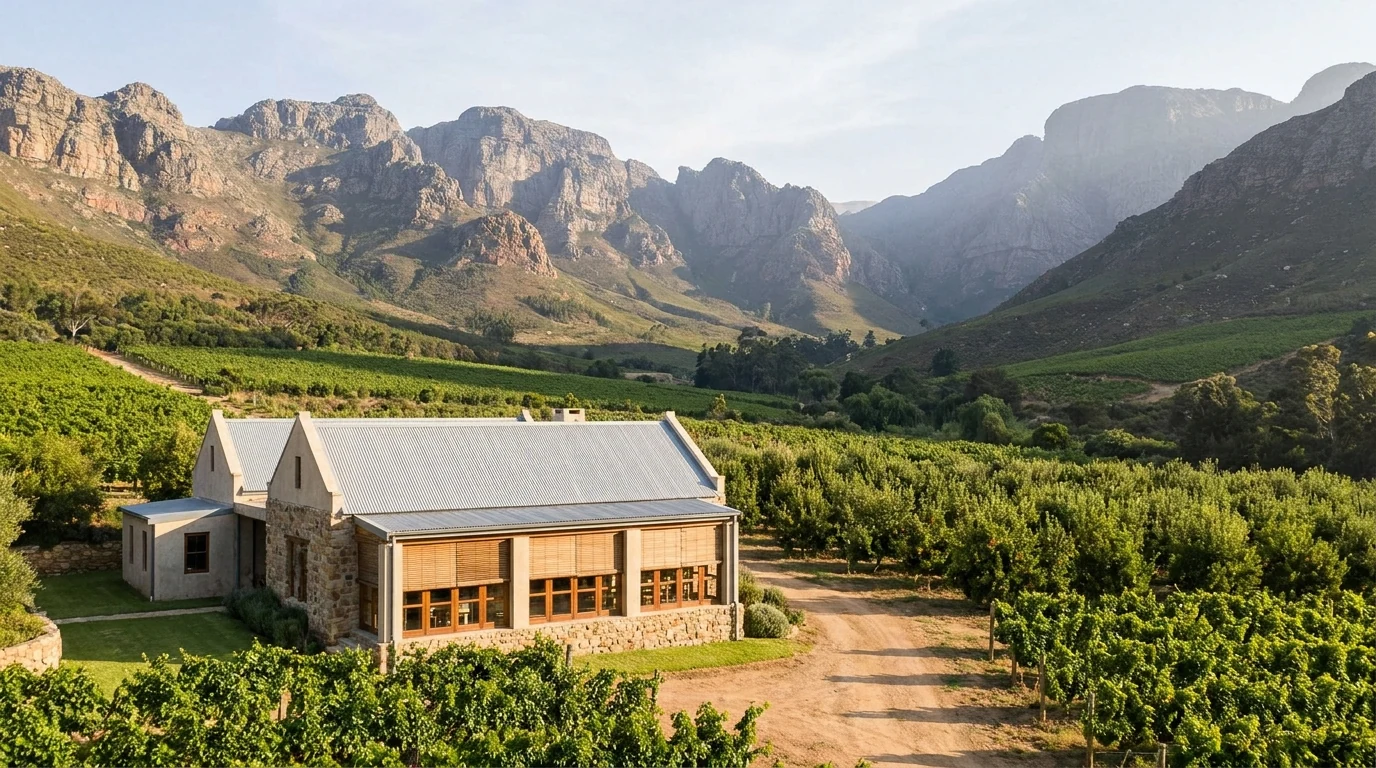 Wine-farm homestead in Jonkershoek Valley beneath dramatic mountains, wide windows fitted with external venetian blinds