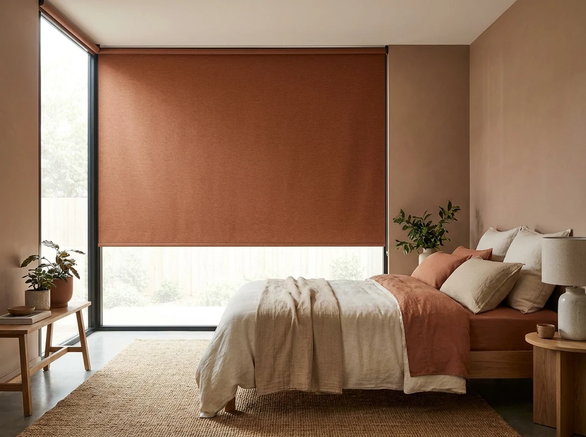 Bedroom with a blockout roller blind lowered halfway over a large window, soft filtered daylight