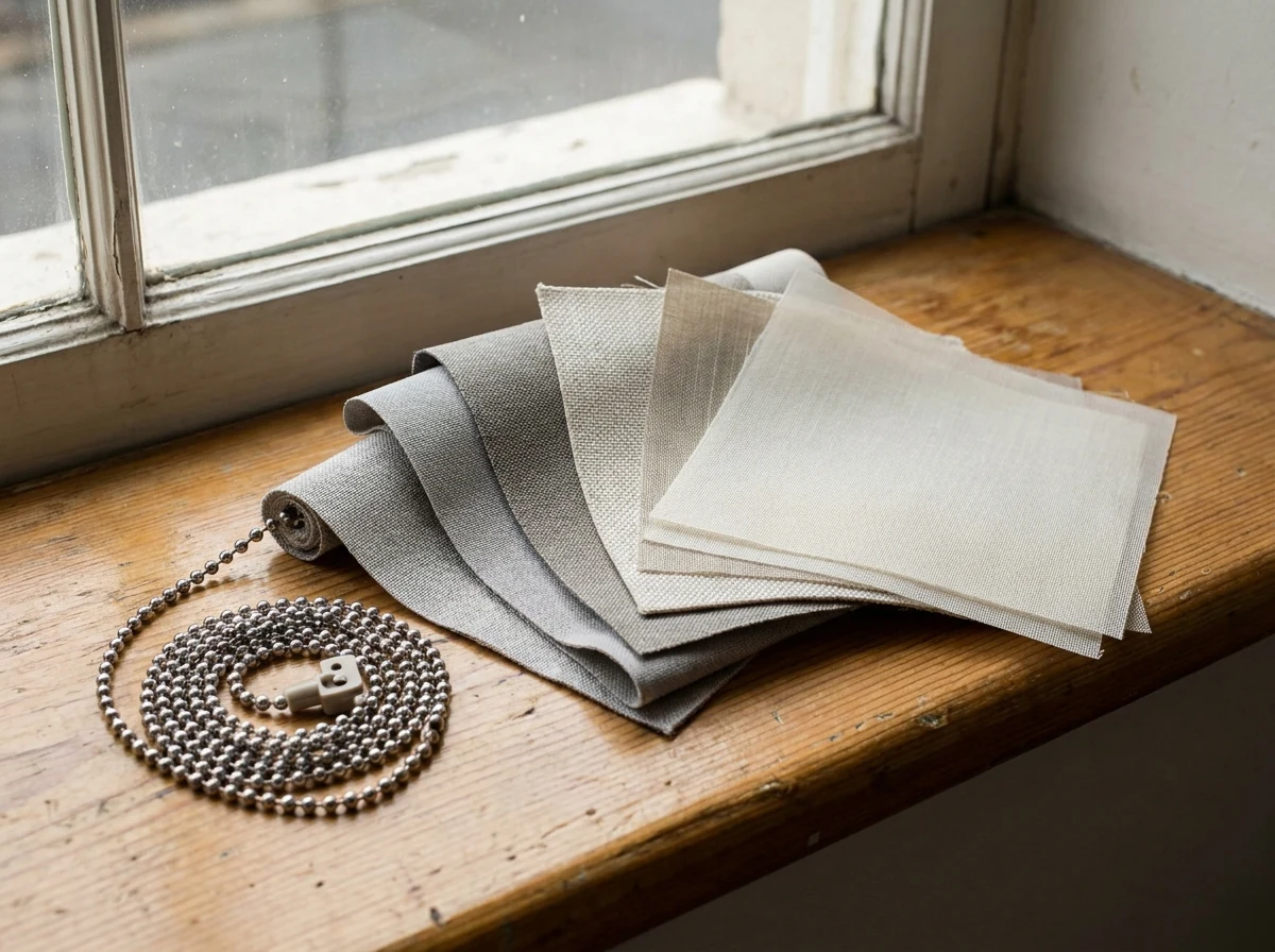 Roller blind fabric swatches and chain control mechanism on a wooden windowsill
