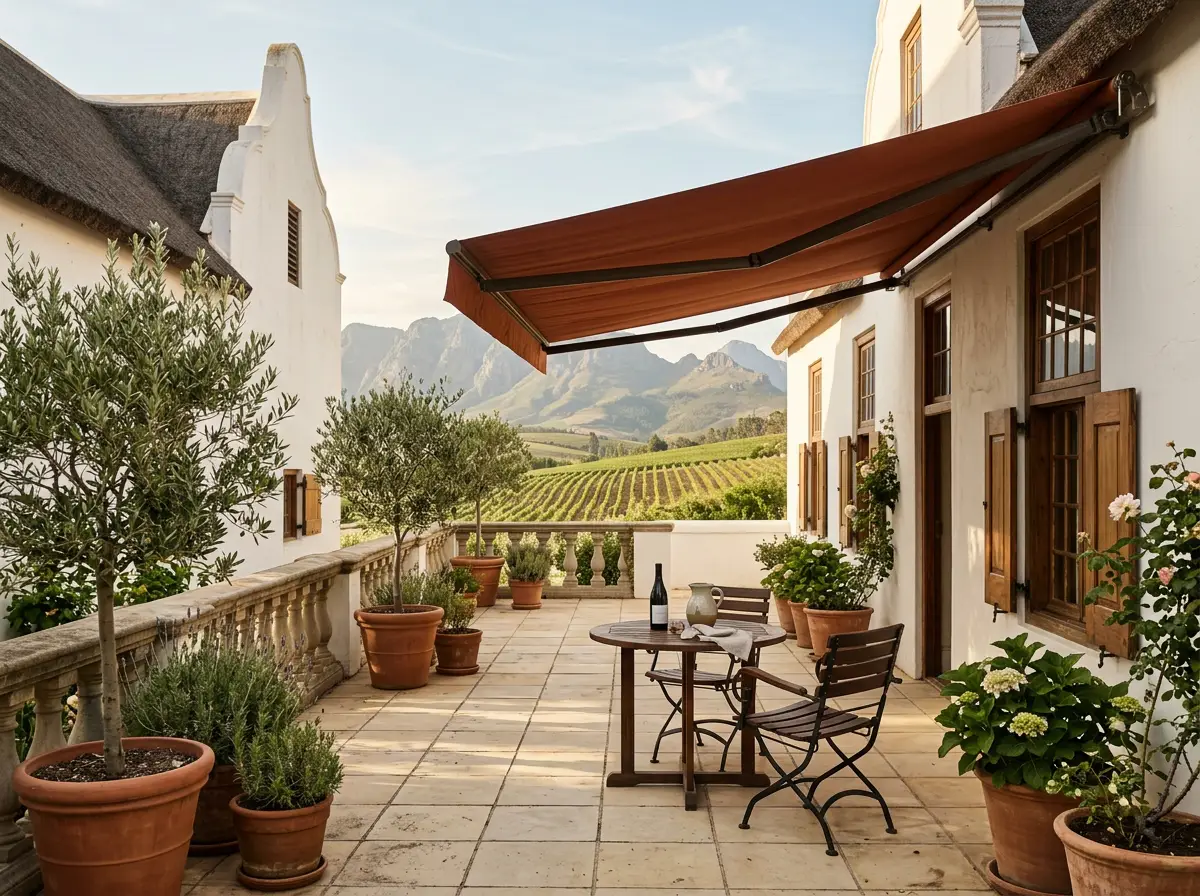 Stellenbosch dining area with natural light filtered through fabric blinds, Cape Winelands architecture