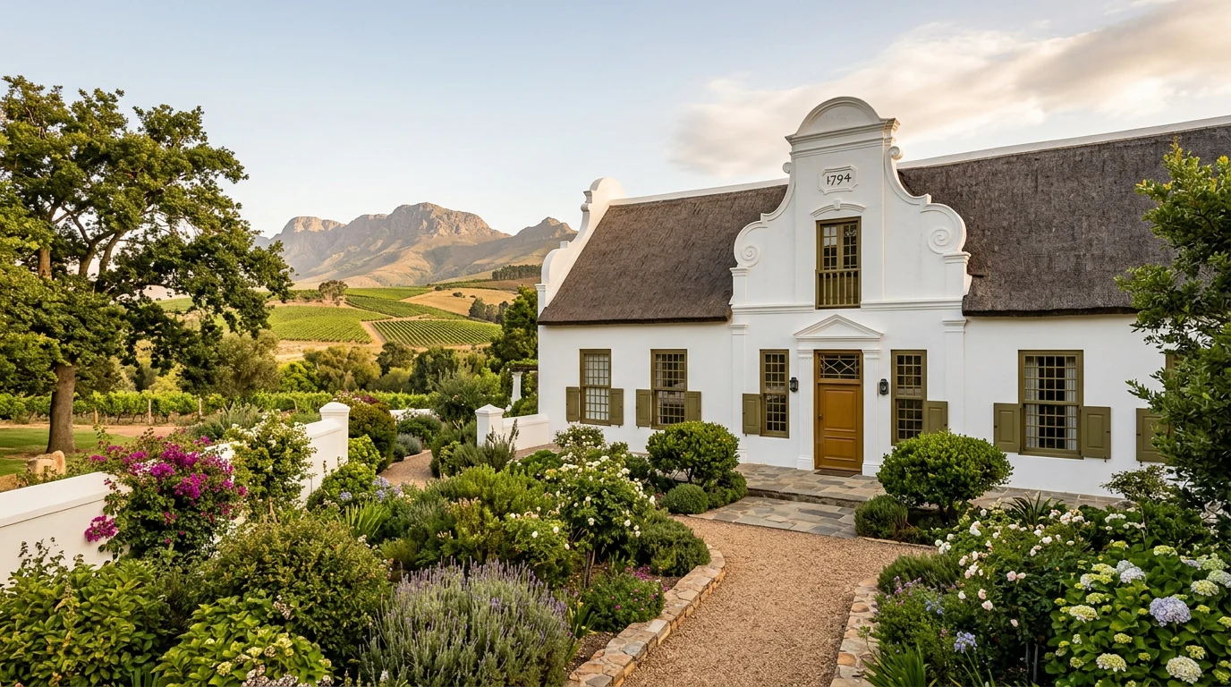 Cape Dutch style home exterior in Stellenbosch with whitewashed gables and vineyard hills beyond